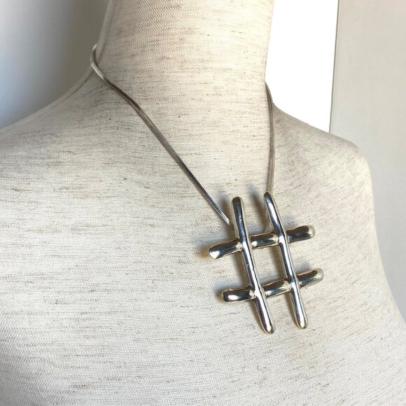 Sterling Silver 925 Large Hashtag Pound Symbol Brooch Pendant Necklace FLAW 17" - Picture 4 of 16